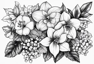 Hydrangea, Narcissus, Poinsettia, Holly, Gladiolus, Poppy, Daisy, Sweet Pea floral tattoo idea