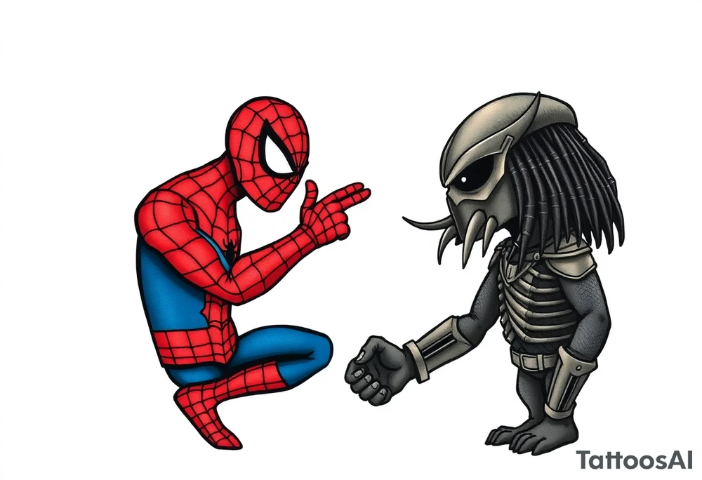 Spider-man and elmo meeting and doing the predator handshake tattoo idea