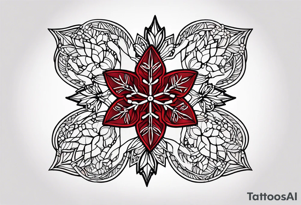 Small tattoo of a forget me knot flower linework star thats outline is red and a snowflake all separate very very small tattoo idea
