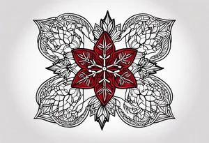 Small tattoo of a forget me knot flower linework star thats outline is red and a snowflake all separate very very small tattoo idea