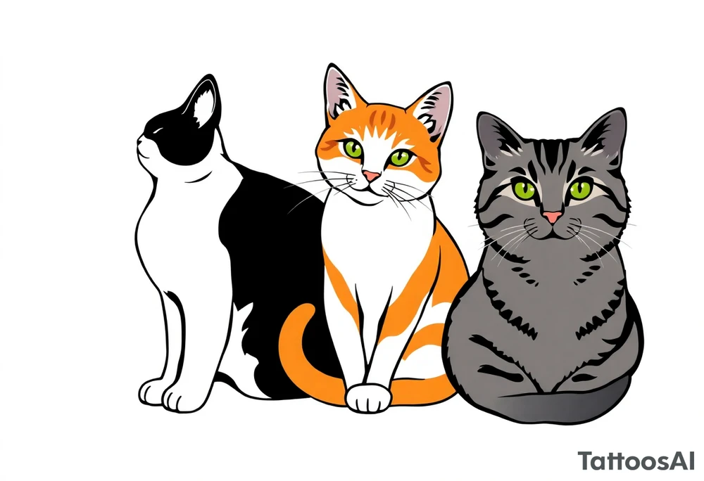 three cats, one black and white cat, one orange and white cat and one grey tabby cat tattoo idea