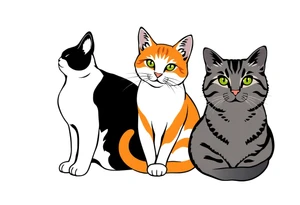 three cats, one black and white cat, one orange and white cat and one grey tabby cat tattoo idea