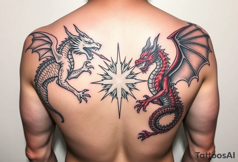 Golden dragon on left shoulder, chest and arm breathing fire at a red dragon on right quad and lower right abdomen breathing fire at the gold dragon with Jesus in the middle of a forcefield blocking fire from both dragons. tattoo idea