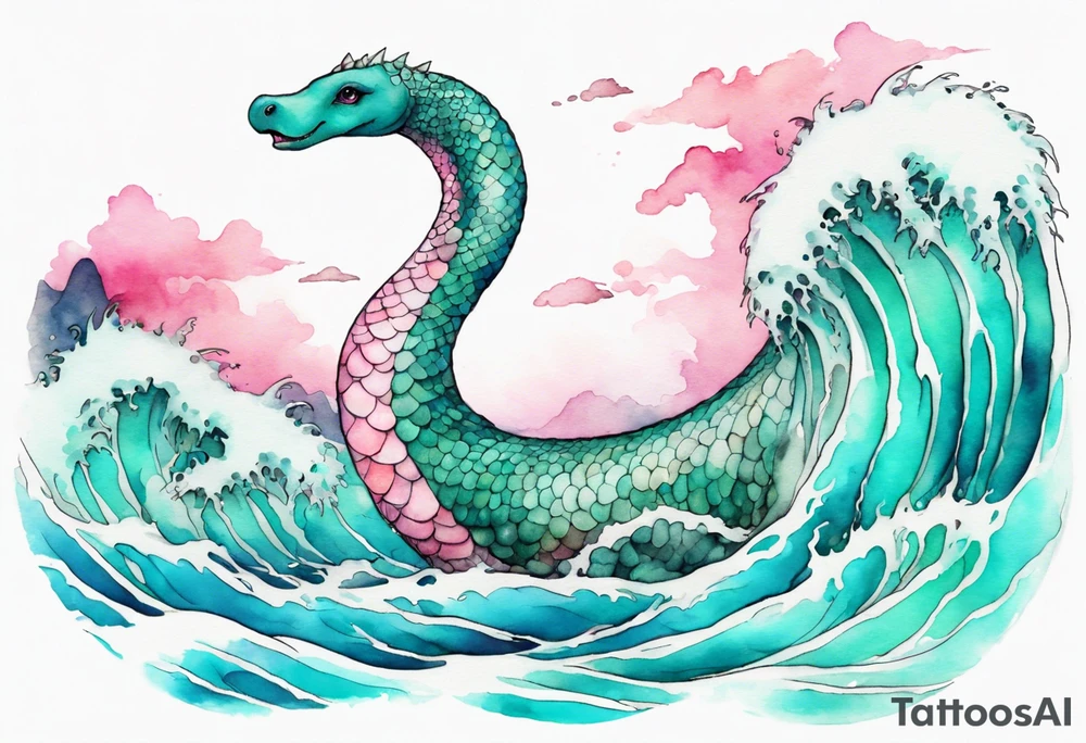 a beautiful Nessie with turquoise and pink scales emerging from the waves tattoo idea