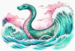 a beautiful Nessie with turquoise and pink scales emerging from the waves tattoo idea