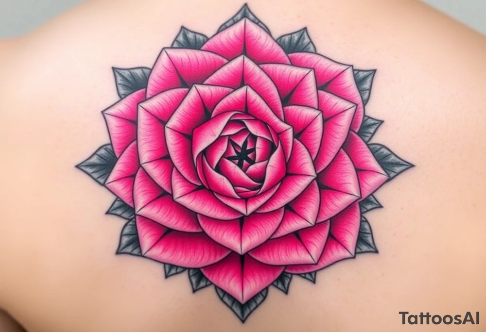 The pink rose appears as if viewed through a mesmerizing kaleidoscope, with its delicate petals radiating outward in a perfectly symmetrical, fractal-like pattern. Shades of soft blush and vibrant magenta blend seamlessly, creating a hypnotic, almost surreal visual effect that draws the eye deeper into its intricate layers. The petals seem to fold and reflect infinitely, forming geometric shapes that shift and transform, giving the rose an ethereal, dreamlike quality on a hand tattoo tattoo idea
