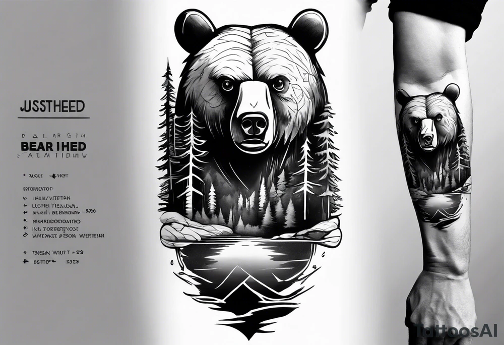 bear head right above the forest line with a lake below, full arm sleeve tattoo tattoo idea