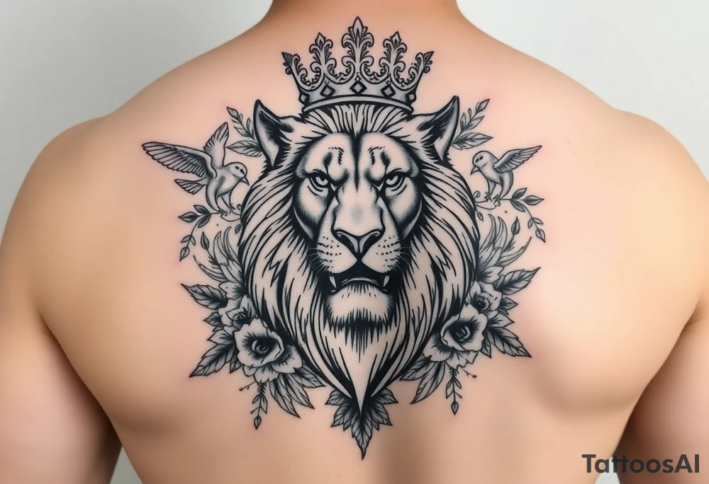 powerful majestic lion with a crown, surrounded by floral ornaments and birds tattoo idea