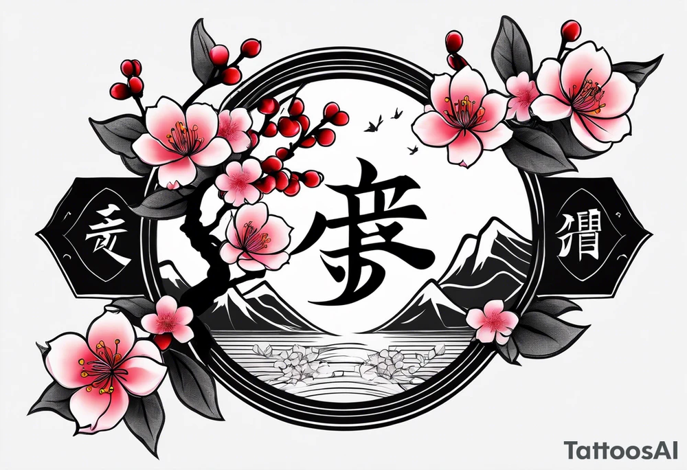 Kanji letter for shadow inside half circle with cherry blossoms tattoo idea