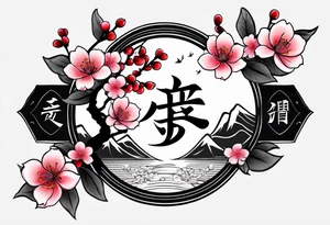 Kanji letter for shadow inside half circle with cherry blossoms tattoo idea