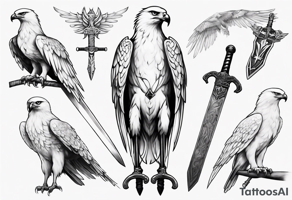A white hawk holding a sword tattoo idea