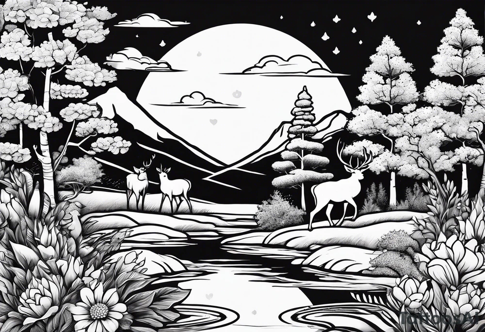 Peaceful nature scene with flowers, trees, animals and water tattoo idea