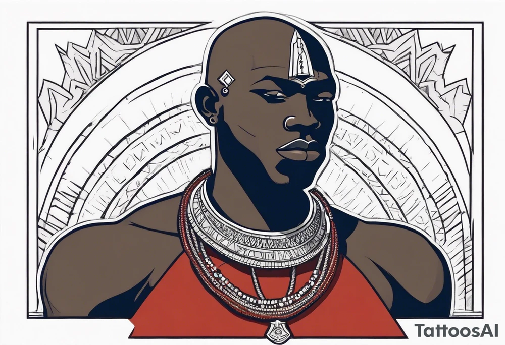Black-skinned bald african warrior. He wears a simple and small silver crown. He uses two simple necklaces: one blue, other red. He has cowry shells in his crown tattoo idea