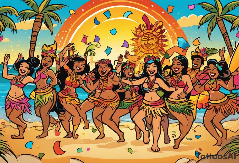 dancing tiki gods and hula girls on the left and right side of a beach party scene with confetti and music notes with a setting sun in the center of the image. the sun is the focal point with the characters only at the sides tattoo idea