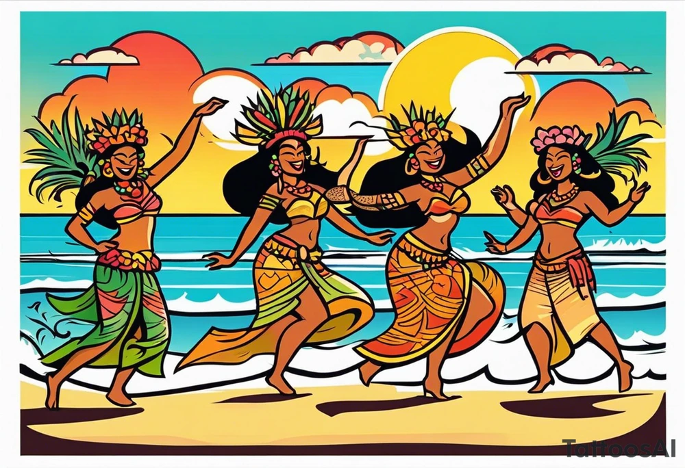 dancing tiki gods with sexy hula women having a dance part on the beach with a sunset in the center of the image tattoo idea