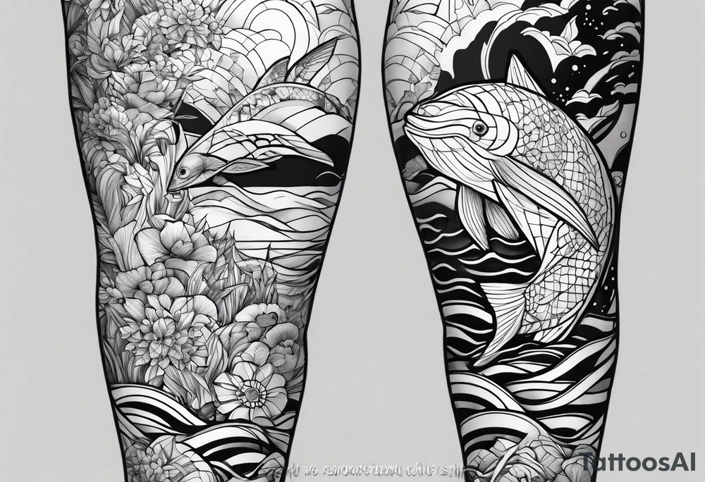 Ocean life full leg sleeve male geometric tattoo idea