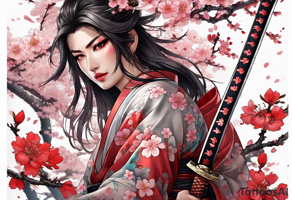A full length katana with blood on the blade that is wrapped in a sakura with many flowers tattoo idea