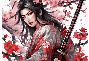 A full length katana with blood on the blade that is wrapped in a sakura with many flowers tattoo idea