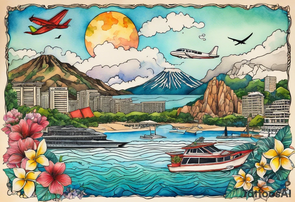 Travel collage with Half moon bay, mountains, Kansas city skyline and 
Arc de Triomphe, Jamaican beach spilled watercolor and tiny jet plane silhouette and a tiny ski boat in the water tattoo idea