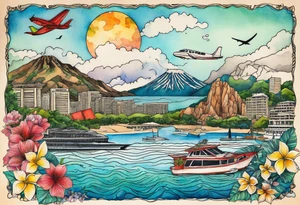 Travel collage with Half moon bay, mountains, Kansas city skyline and 
Arc de Triomphe, Jamaican beach spilled watercolor and tiny jet plane silhouette and a tiny ski boat in the water tattoo idea