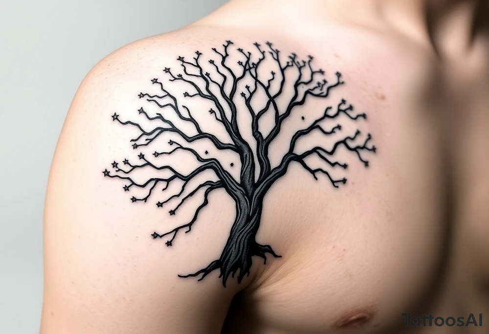 Large Flowing asymmetrical symbolic tree quarter sleeve on shoulder that extends down arm and onto back and chest. Bold and simple branches that do not look realistic. Tree of gondor with seven stars tattoo idea