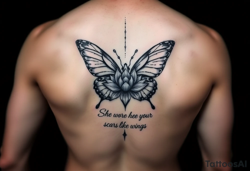 Spine tattoo that has a butterfly with cracked wings and lotus flower with quote that says she wore her scars like wings tattoo idea