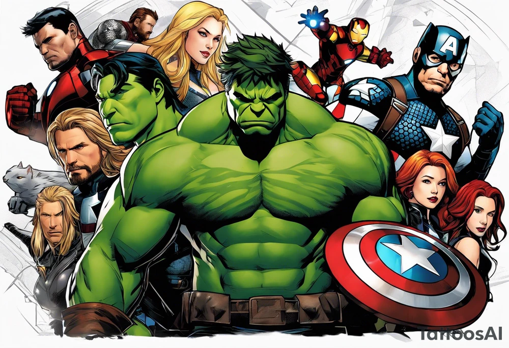 I want to change Avengers Team characters with animals. Hulk will be Badger, Thor will be Alpha Grey Wolf, Captain America will be Bull, Iron Man will be Canary, Black Widow will be Axolotl, Hawk Eye will be Sudan Plated Lizard and Nick Fury will be Cat. tattoo idea