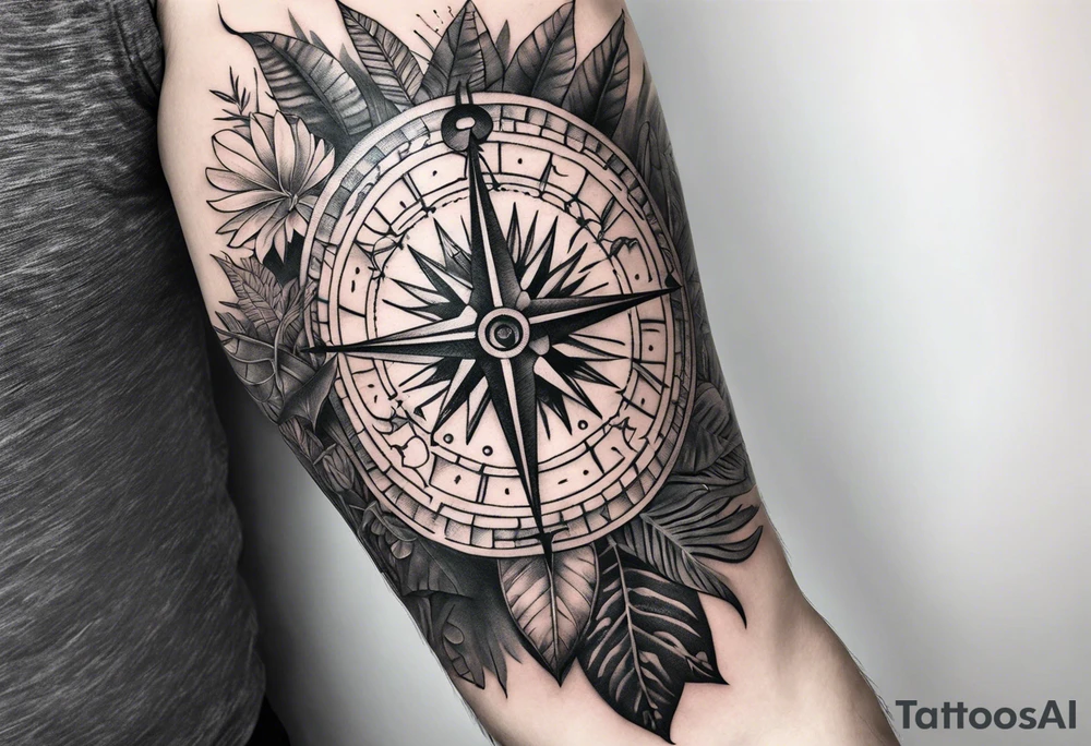 sleeve tattoo with Vegvisir compass with jungle plants surrounding it tattoo idea