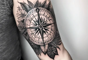 sleeve tattoo with Vegvisir compass with jungle plants surrounding it tattoo idea