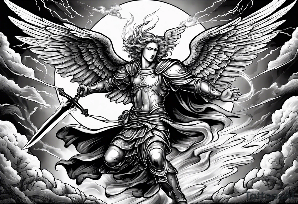 Michael the Archangel defeating the devil.  clouds and lightning in background tattoo idea