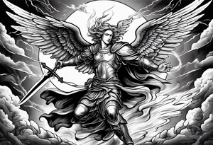 Michael the Archangel defeating the devil.  clouds and lightning in background tattoo idea