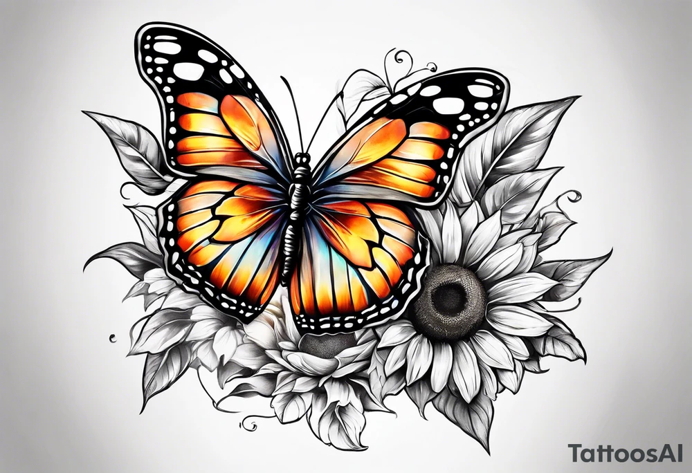 Half butterfly half sunflower tattoo idea