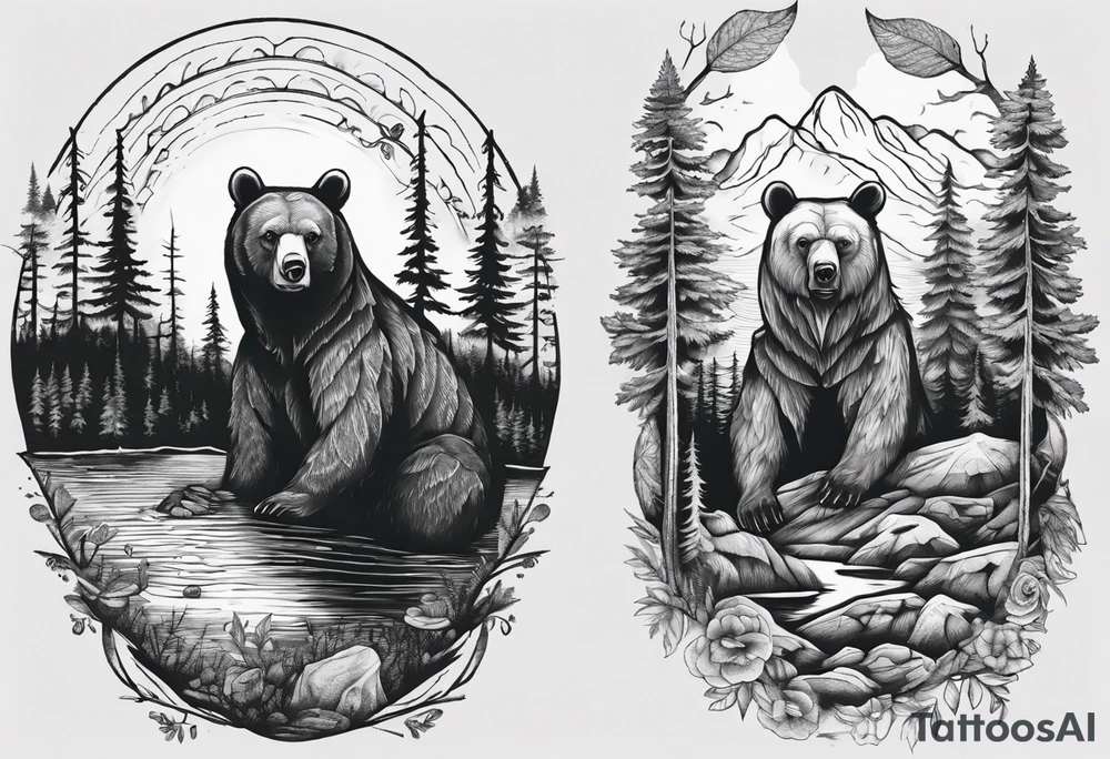 bear, forest, lake, appalachia, arm sleeve tattoo tattoo idea