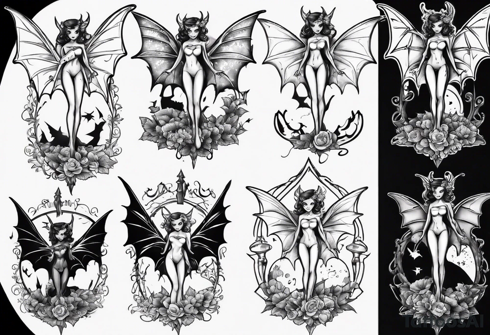 Fairy standing on top of bat tattoo idea