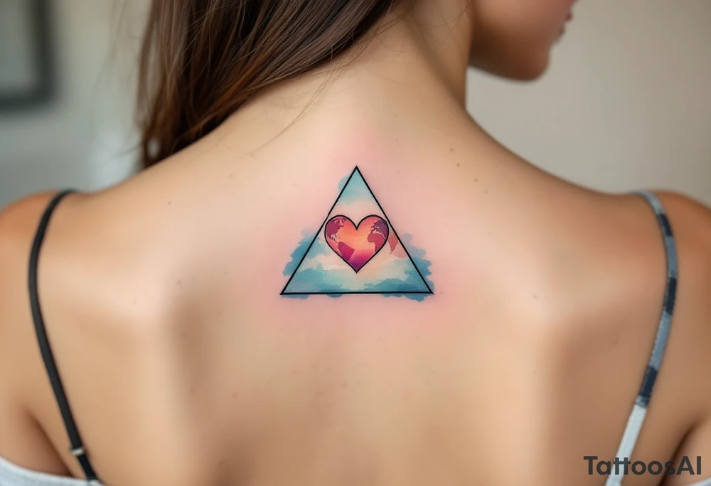 A triangle with a big heart in the center with a world travel theme tattoo idea