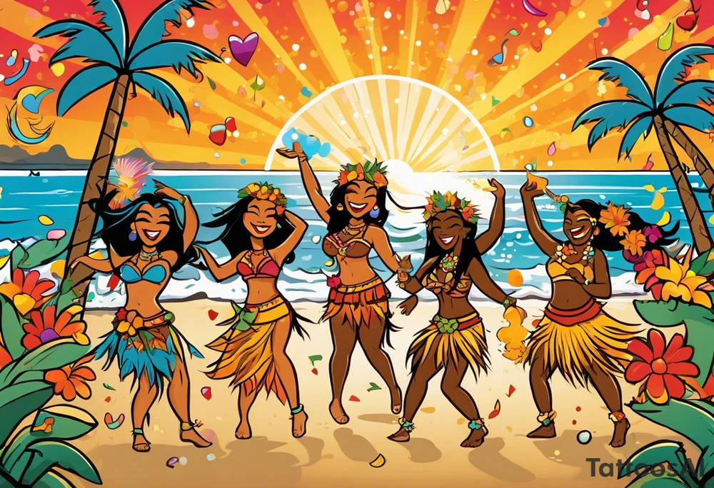 dancing tiki gods and hula girls on the left and right side of a beach party scene with confetti and music notes with a setting sun in the center of the image. the sun is the focal point with the characters only at the sides tattoo idea