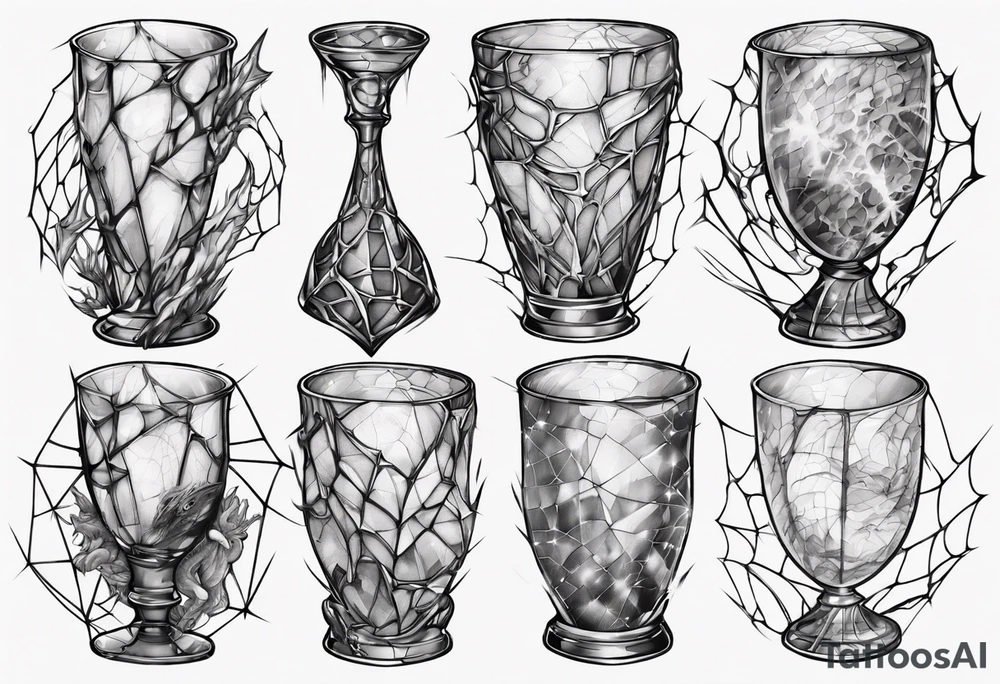 Shattered glass goblet tangled spiderweb dragon scales tattoo idea