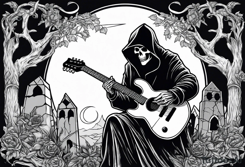 Grim Reaper playing guitar that resembles a scythe
 in a graveyard tattoo idea