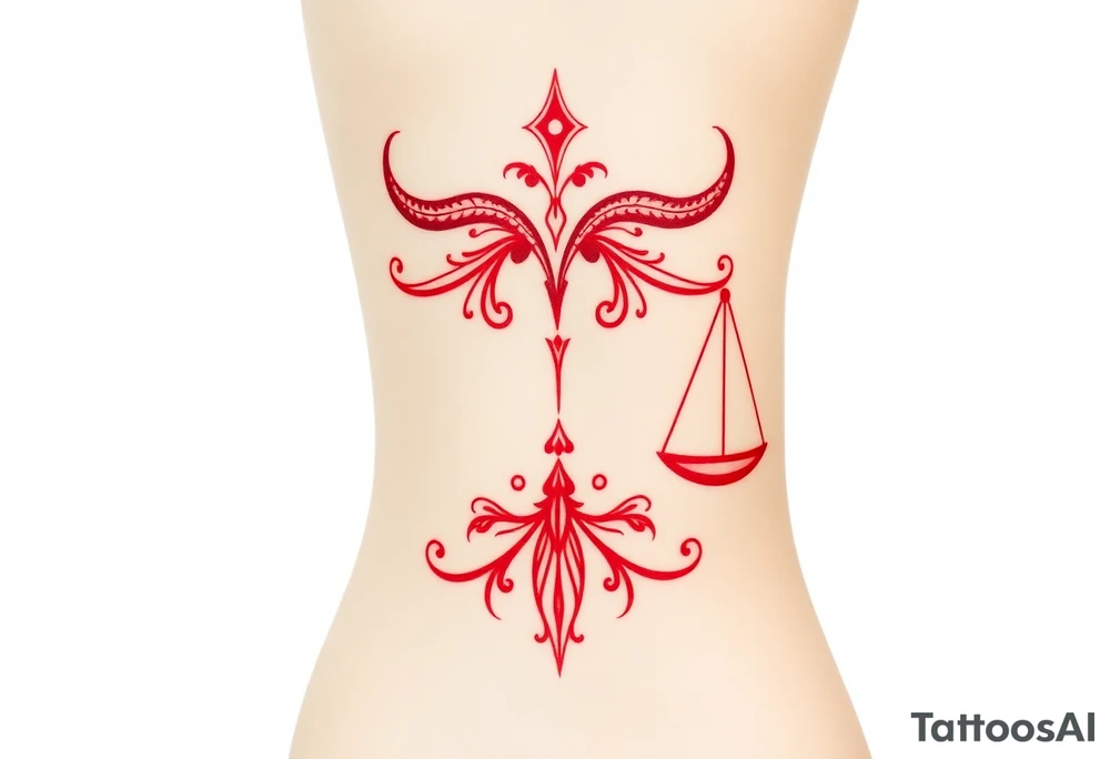 Tattoo that combines the star sign Taurus and Libra ,in red , down the spine tattoo idea