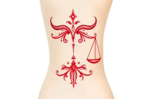 Tattoo that combines the star sign Taurus and Libra ,in red , down the spine tattoo idea