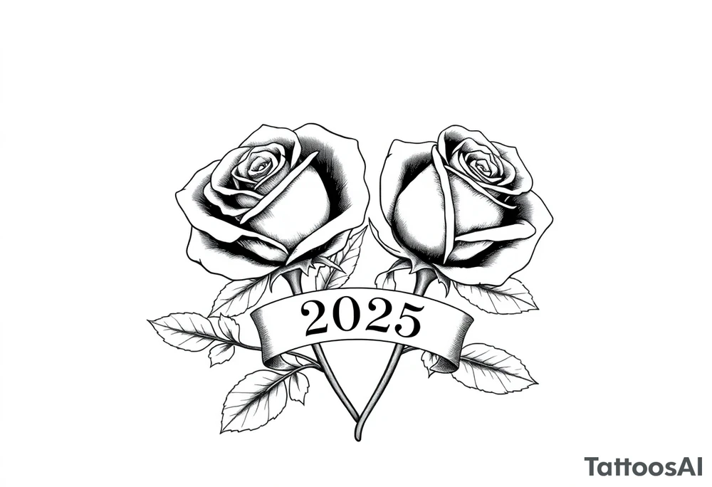 two beautiful large rose buds, one slightly larger than the other, with lots and lots of leaves next to the rose buds, with one sitting slightly higher than the other, side-by-side.  Include a banner connecting the two roses with the year 2025 on it.   Use dark outlines with little shading. Remove all stems from the roses. tattoo idea