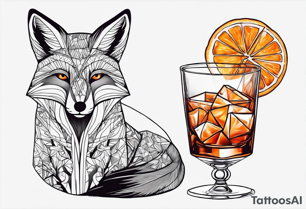 male fox with one Negroni in short lowball cocktail glass with ice and orange peel tattoo idea