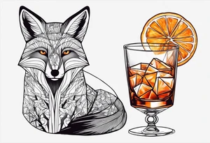 male fox with one Negroni in short lowball cocktail glass with ice and orange peel tattoo idea