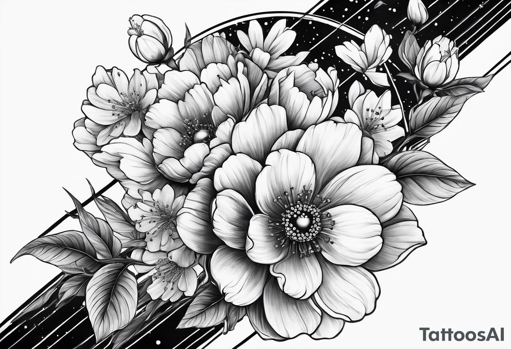 solar system with cherry blossoms spread about spine tattoo idea