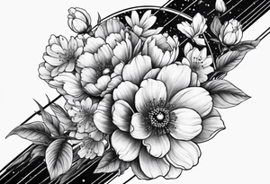 solar system with cherry blossoms spread about spine tattoo idea
