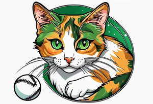 Calico cat with green eyes playing with a cricket-shaped toy tattoo idea