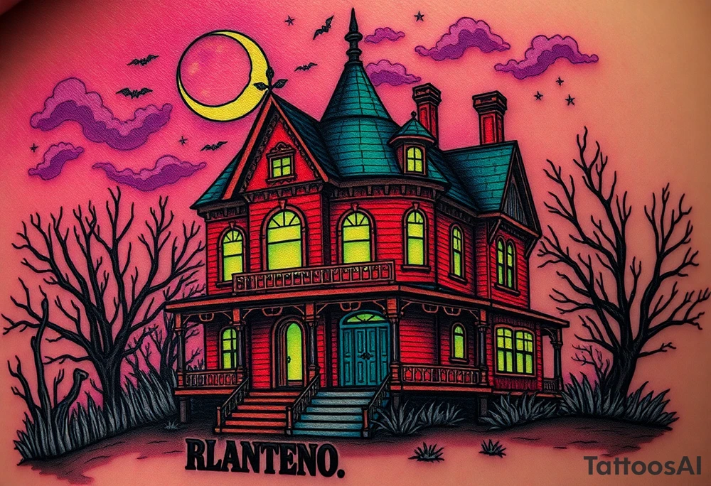 Tim Burton’s haunted victorian home is abandoned and dripping with muted reds, dusty pinks, and eerie green glow.purple and cyan smokey clouds swirl in the crescent moonlit sky thats sprinkled with stars tattoo idea tattoo idea