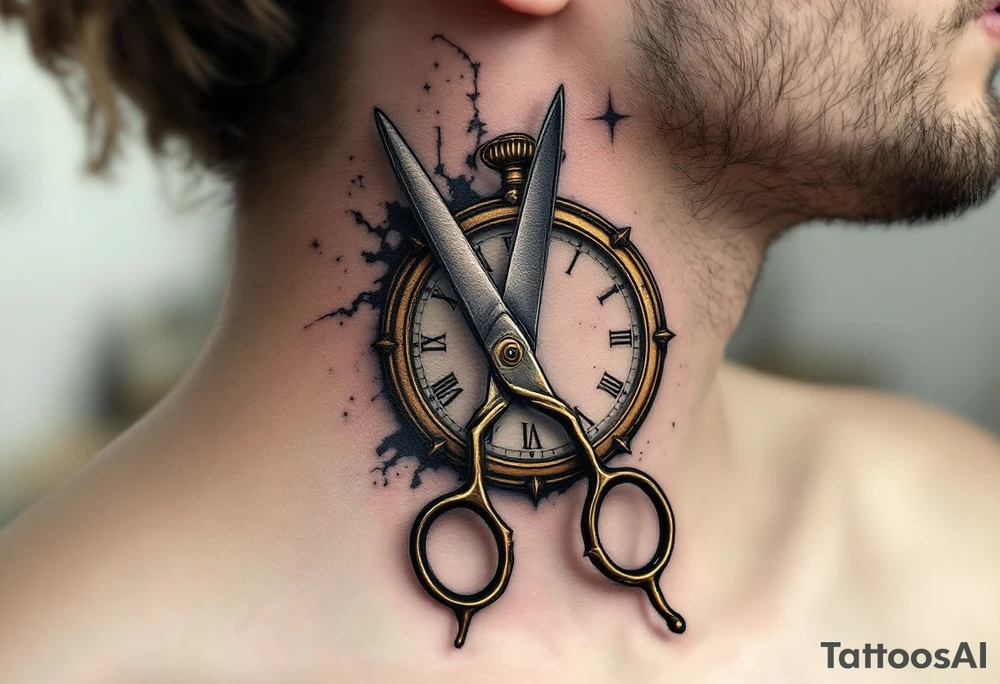 Scissors and Clock Tattoo – A vintage-style pair of brass scissors placed near an old-fashioned pocket watch, with black and gold tones to create a sense of timelessness, symbolizing the passage of time and the precision of moments. tattoo idea