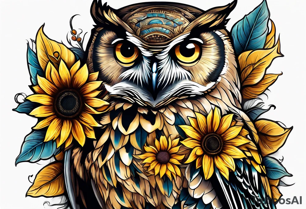 Owl and sunflower sleeve tattoo idea