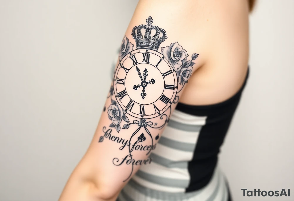 Roman clock with roses and a crown,  a quote that says nothings forever. and on the bottom a deck of cards tattoo idea